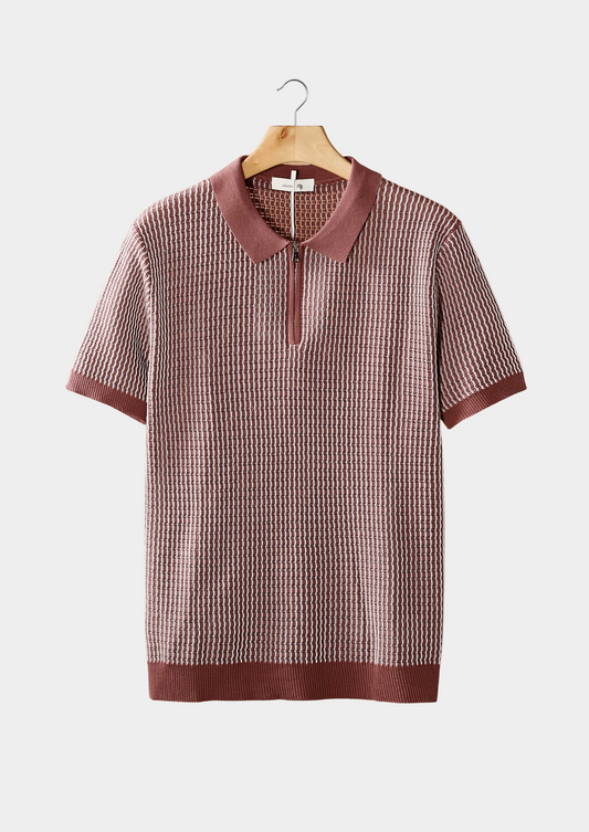 Dusty Rose Geometric Textured Zipper Polo | Portovelli