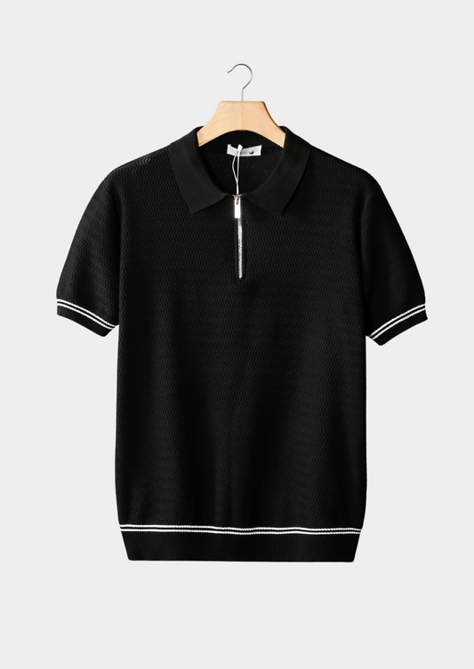 Black Zigzag Textured Zipper Polo | Portovelli