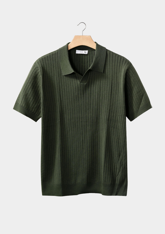 Olive Ribbed Buttonless Polo | Portovelli