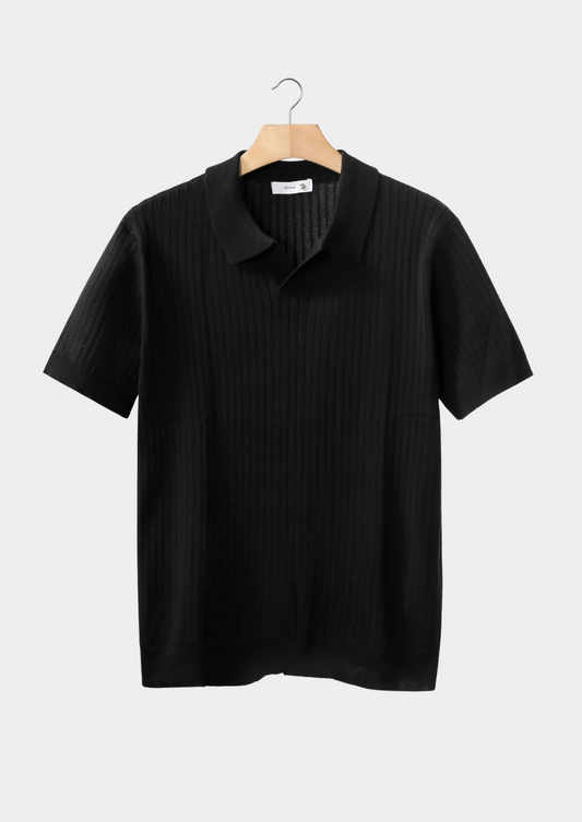 Black Ribbed Buttonless Polo | Portovelli