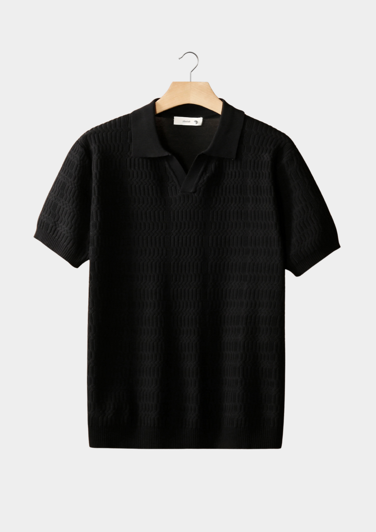 Black Patterned Knit Buttonless Polo | Portovelli