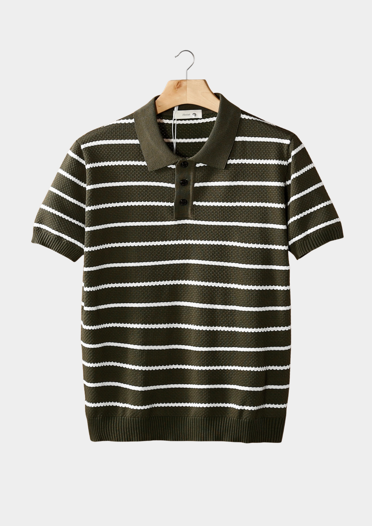 Olive Striped Textured Button Polo | Portovelli