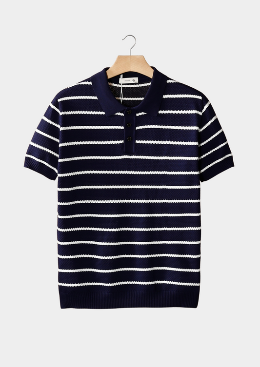 Navy Striped Textured Button Polo | Portovelli
