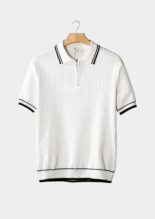 White Wavy Textured Zipper Polo | Portovelli