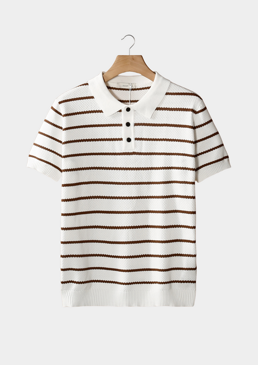 White Striped Textured Button Polo | Portovelli