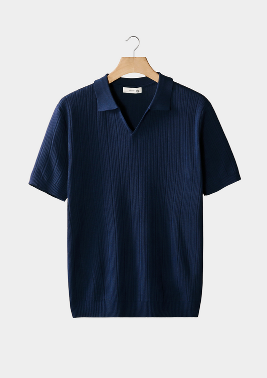 Navy Open Collar Ribbed Polo | Portovelli