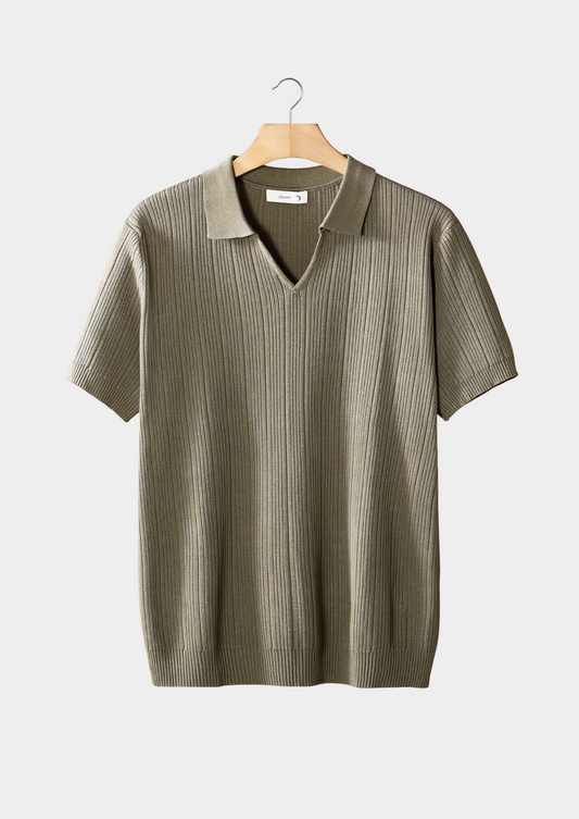 Taupe Open Collar Ribbed Polo | Portovelli