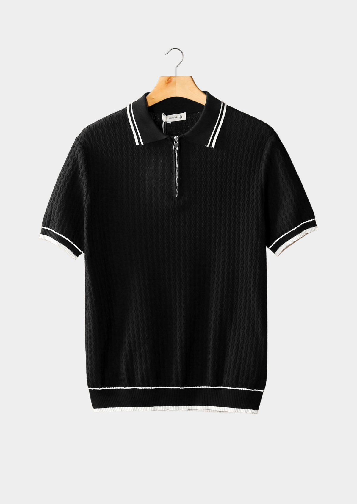 Black Wavy Textured Zipper Polo | Portovelli
